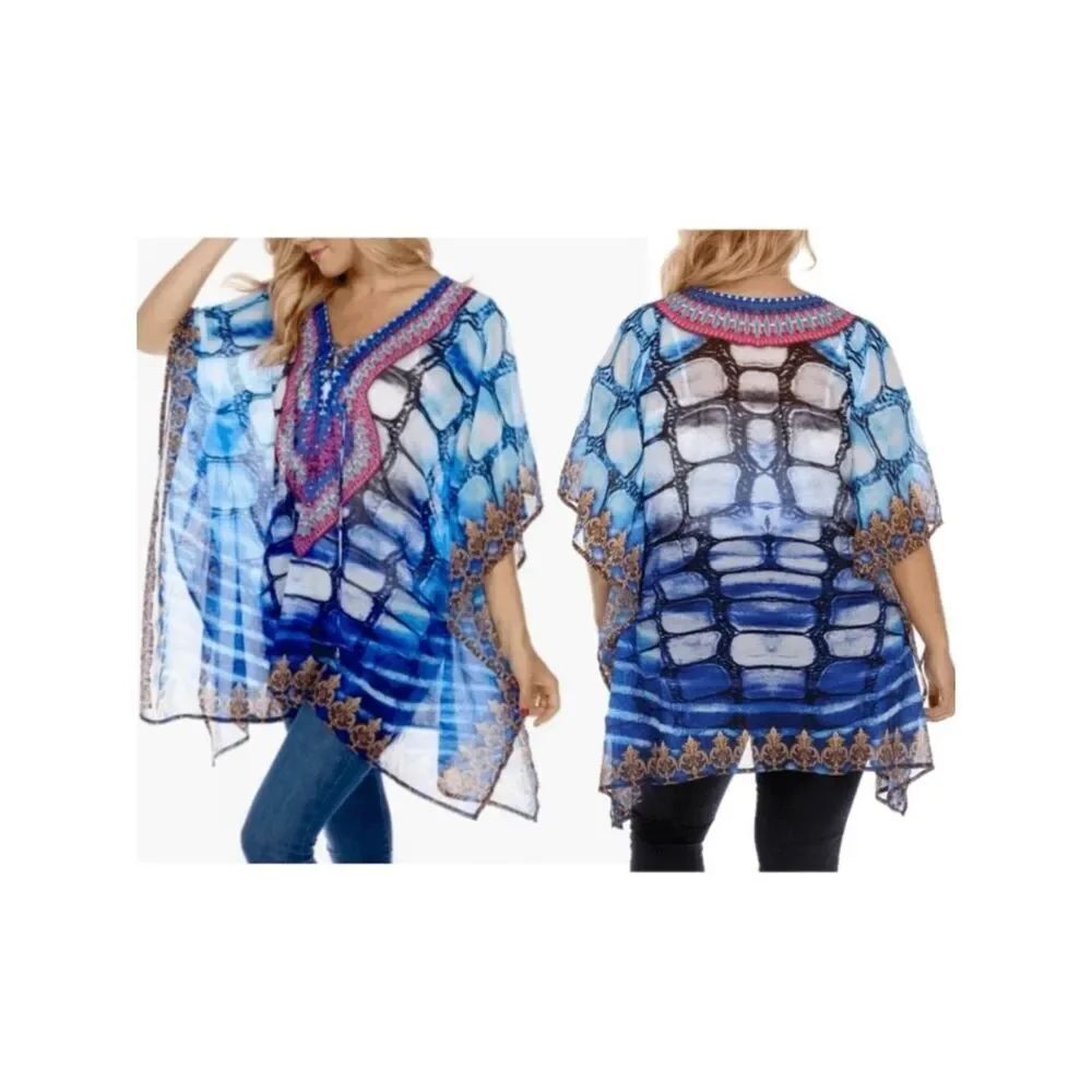 NWT WHITE MARK Gorgeus Blue White Sheer Caftan Kaftan Coverup Lightweight Poncho